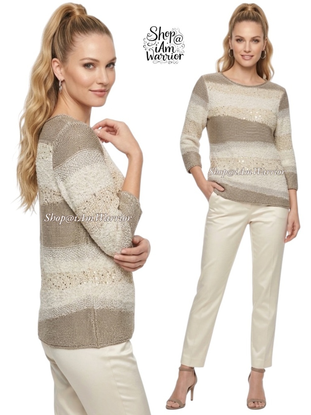 Chico’s Metallic Stripe Textured Knit Sequin Accented Sweater *shop@iamwarrior
